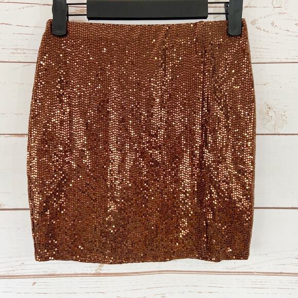 Windsor S Bronze Brown Sequin High Rise Slit Shiny Glittery Mini Skirt - Picture 4 of 9